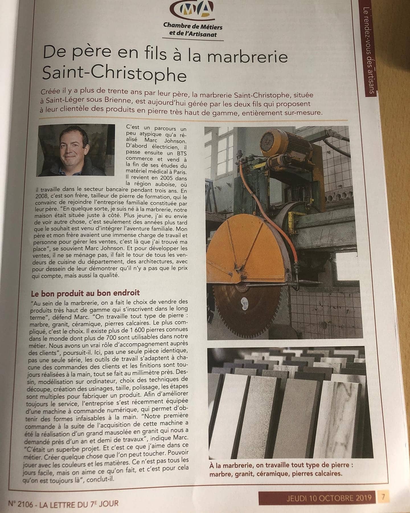 Article « De père en fils à la marbrerie Saint-Christophe » — La Lettre du 7e Jour, Chambre de Métiers et de l'Artisanat
