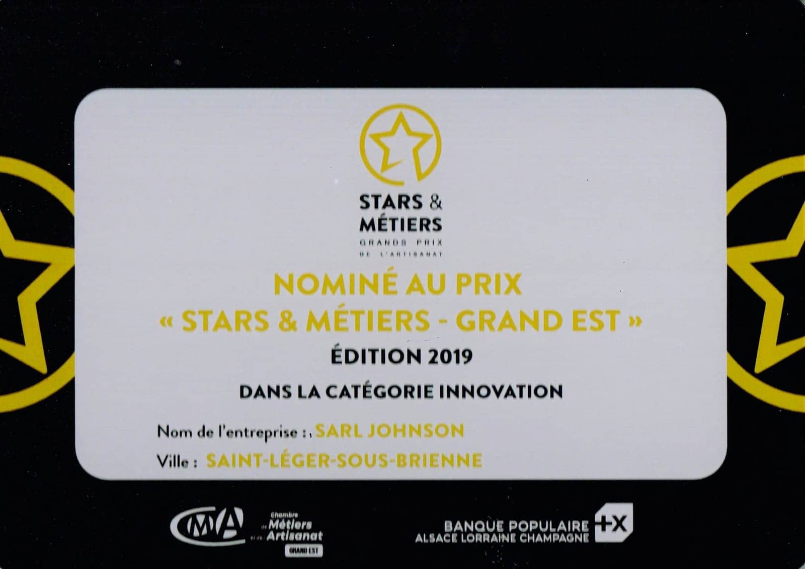 Diplôme de nomination au Prix Stars et Métiers du Grand Est 2019 — catégorie Innovation, SARL Johnson, Saint-Léger-sous-Brienne