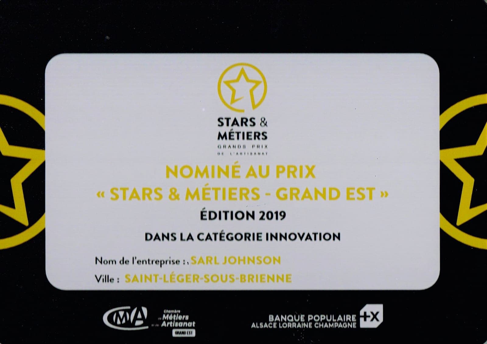 Diplôme de nomination au Prix Stars et Métiers du Grand Est 2019 — catégorie Innovation, SARL Johnson, Saint-Léger-sous-Brienne